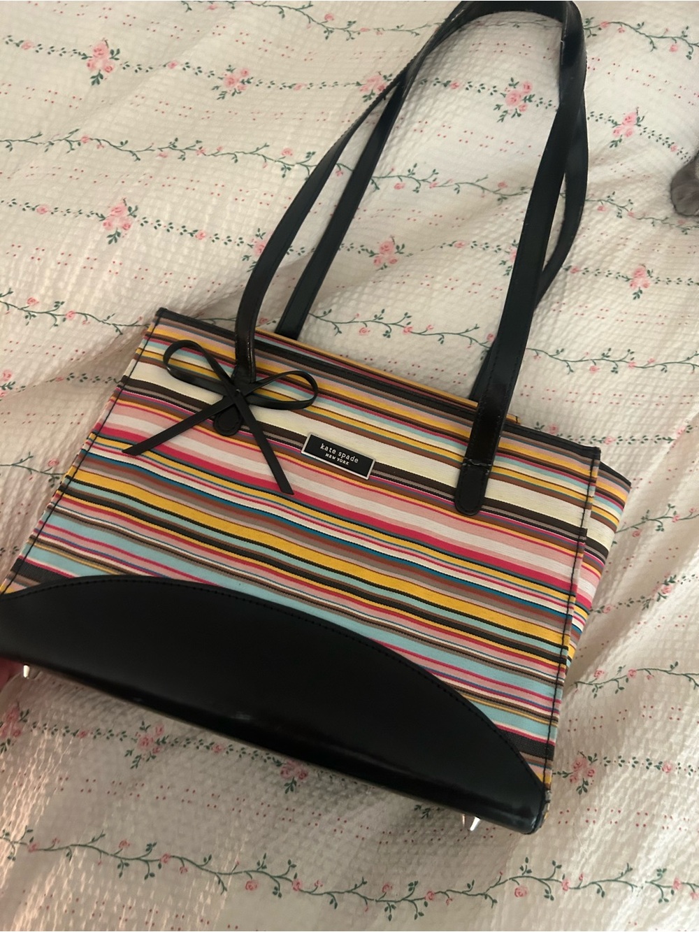 kate spade Vintage Multicolor Striped Tote with Black Trim and Bow